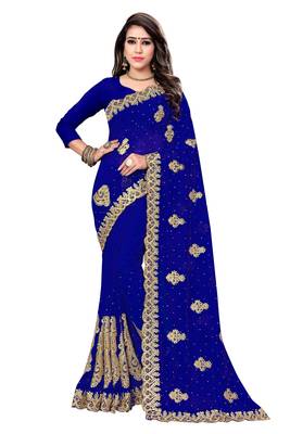 Blue embroidered georgette saree with blouse 1