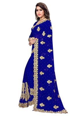 Blue embroidered georgette saree with blouse 2