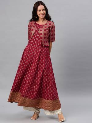 Maroon printed cotton ethnic-kurtis 1