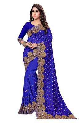 Blue embroidered silk saree with blouse 1