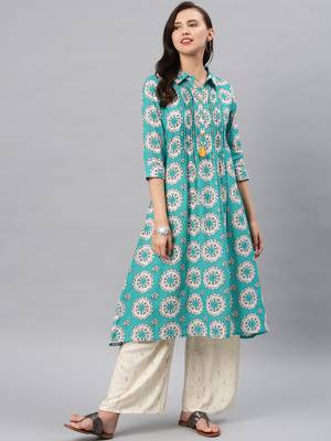 Turquoise hand woven cotton ethnic-kurtis 1