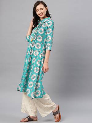 Turquoise hand woven cotton ethnic-kurtis 4
