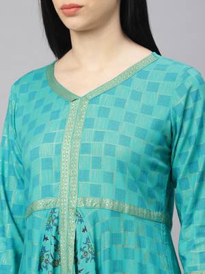 Turquoise printed viscose rayon ethnic-kurtis 1