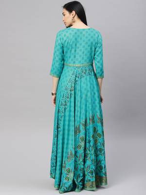 Turquoise printed viscose rayon ethnic-kurtis 3
