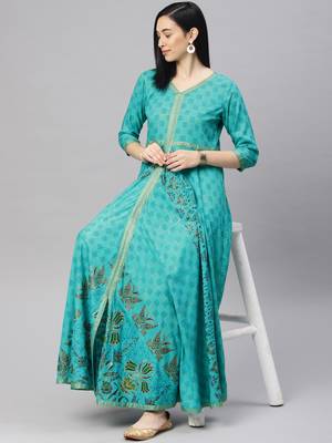 Turquoise printed viscose rayon ethnic-kurtis 4
