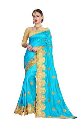 Blue embroidered silk saree with blouse 1