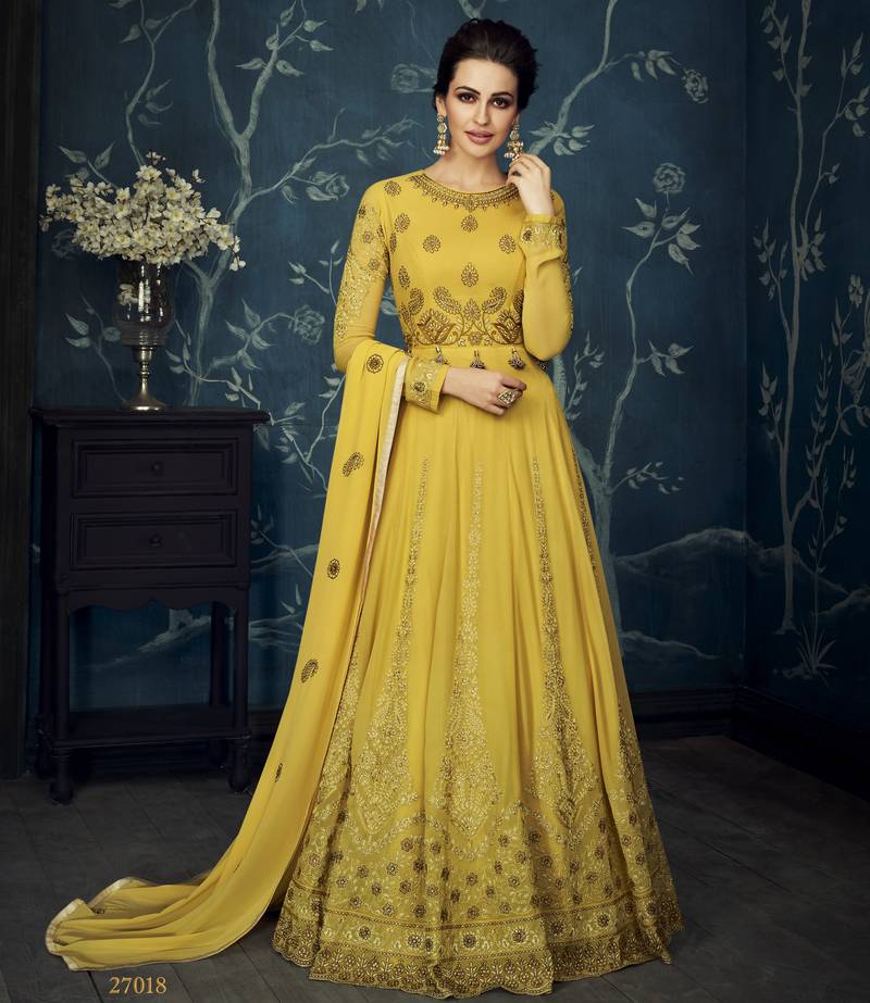 Yellow Resham Embroidery Georgette Semi Stitched Salwar With Dupatta
