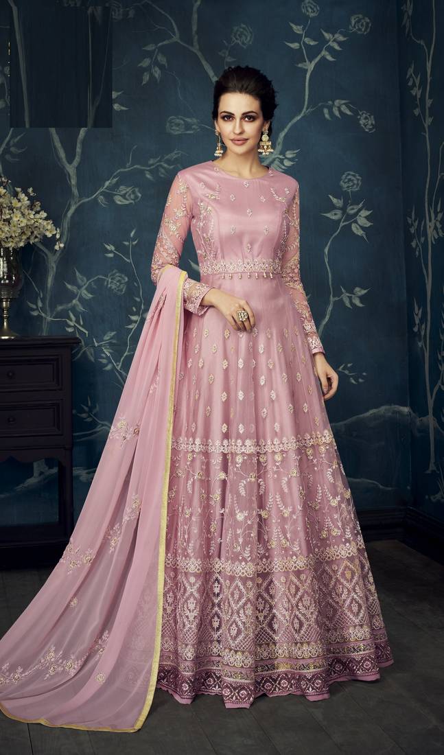 Pink Resham Embroidery Georgette Semi Stitched Salwar With Dupatta