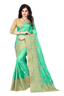 Green embroidered silk saree with blouse 1
