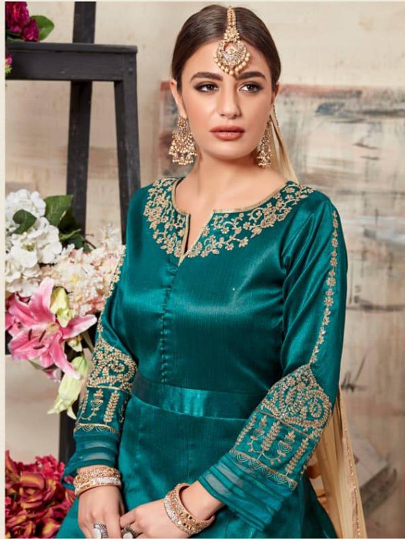 Mulberry silk designer peacock green anarkali suit Mulberry silk designer peacock green anarkali suit