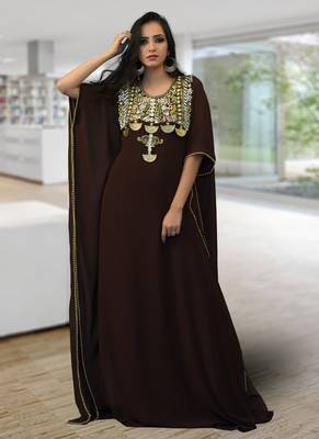 Brown Embroidered Georgette Islamic Kaftans 1