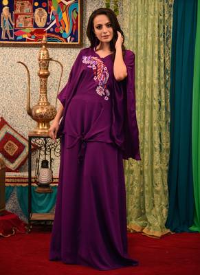 Violet Embroidered Crepe Islamic Kaftans 2