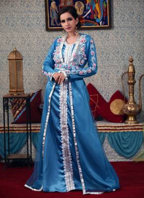 Turquoise Embroidered Silk Blend Islamic Kaftans 1