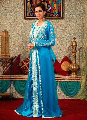 Turquoise Embroidered Silk Blend Islamic Kaftans 2