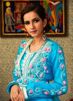 Turquoise Embroidered Silk Blend Islamic Kaftans 3