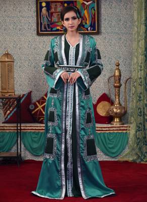 Sea Green Embroidered Silk Blend Islamic Kaftans 1