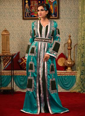Sea Green Embroidered Silk Blend Islamic Kaftans 2