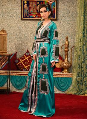 Sea Green Embroidered Silk Blend Islamic Kaftans 3