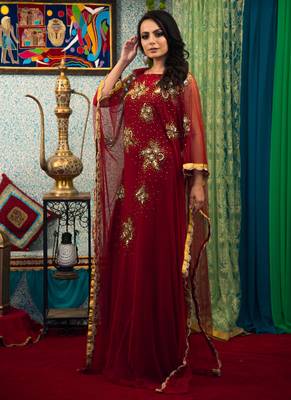 Maroon Embroidered Crepe Islamic Kaftans 2