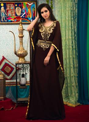 Brown Embroidered Georgette Islamic Kaftans 1