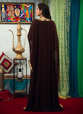 Brown Embroidered Georgette Islamic Kaftans 4