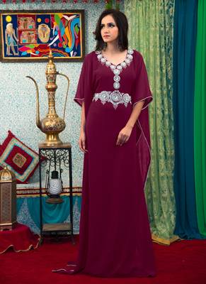 Violet Embroidered Georgette Islamic Kaftans 1