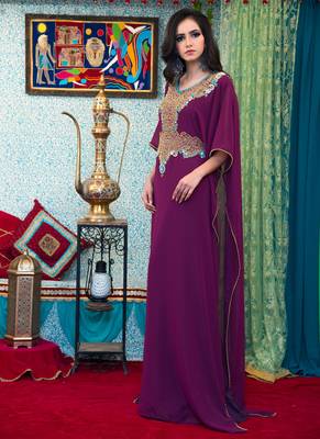Violet Embroidered Georgette Islamic Kaftans 3