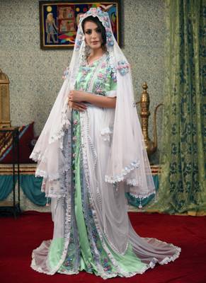Green Embroidered Silk Blend Islamic Kaftans 1
