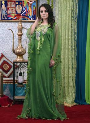Green Embroidered Silk Blend Islamic Kaftans 1