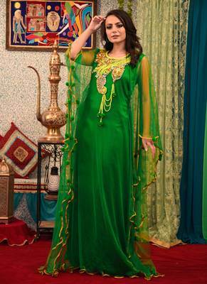 Green Embroidered Silk Blend Islamic Kaftans 2