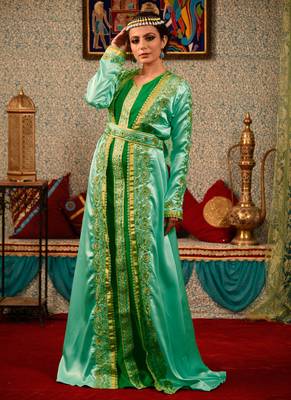 Green Embroidered Silk Blend Islamic Kaftans 1