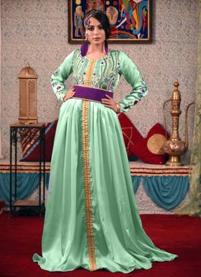 Green Embroidered Silk Blend Islamic Kaftans 1