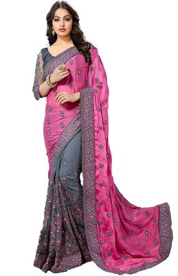 Pink embroidered silk saree with blouse 1