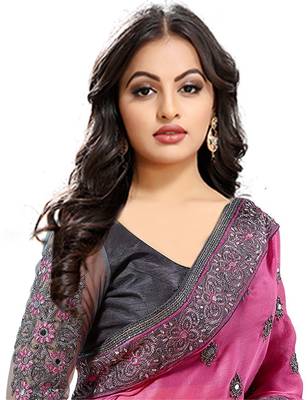 Pink embroidered silk saree with blouse 3