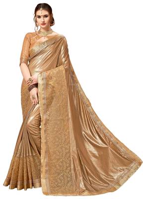 Golden embroidered lycra saree with blouse 1