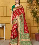 Red woven silk blend saree with blouse