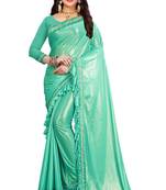 Cyan plain lycra saree with blouse