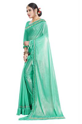 Cyan plain lycra saree with blouse 2