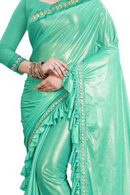 Cyan plain lycra saree with blouse 4