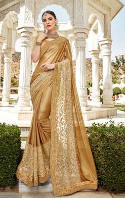 Golden embroidered lycra saree with blouse 4