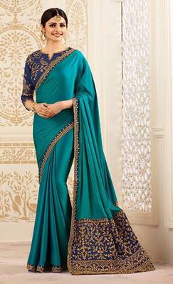 Blue embroidered silk saree with blouse 3