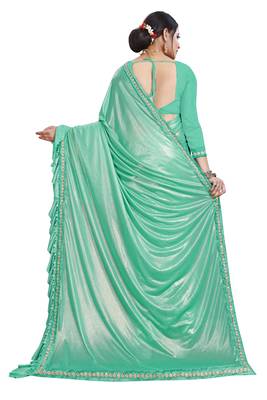Cyan plain lycra saree with blouse 5