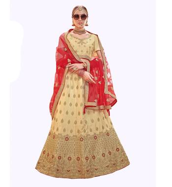 Beige Embroidered Art Silk Semi Stitched Lehenga 1