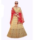 Beige Embroidered Art Silk Semi Stitched Lehenga