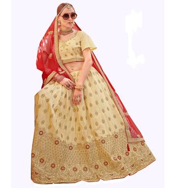 Beige Embroidered Art Silk Semi Stitched Lehenga 2