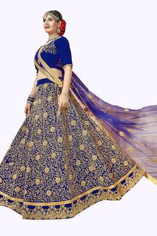 Blue Embroidered Velvet Semi Stitched Lehenga