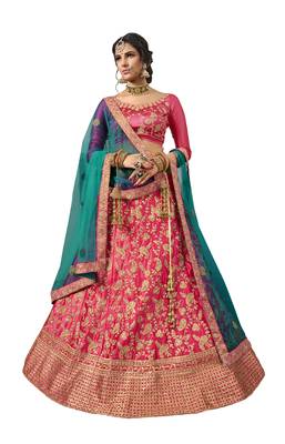 Pink Embroidered Satin Semi Stitched Lehenga 1