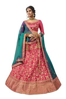 Pink Embroidered Satin Semi Stitched Lehenga