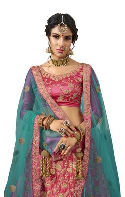 Pink Embroidered Satin Semi Stitched Lehenga 2