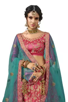 Pink Embroidered Satin Semi Stitched Lehenga